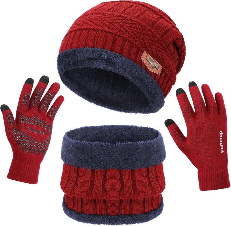 MAYLISACC Winter Knit Beanie Hat Neck Warmer Scarf and Touch Screen Gloves Set 3 Pcs Fleece Lined Skull Cap for Men Women - Image 1